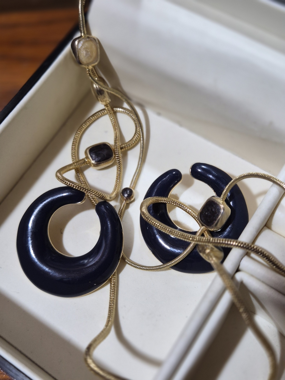Monet Gold Necklace with Navy Blue  Crescent Earrings